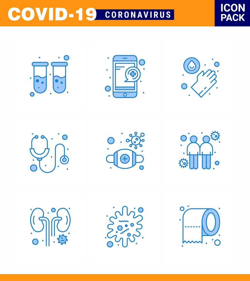 9 Blue Set of corona virus epidemic icons such as protective flu hands stethoscope hospital viral coronavirus 2019nov disease Vector Design Elements