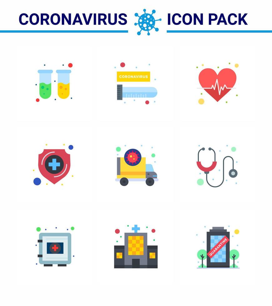 paquete de iconos de corona de virus viral de 9 colores planos, como el escudo de corona venció a la protección médica elementos de diseño de vector de enfermedad de coronavirus viral 2019nov