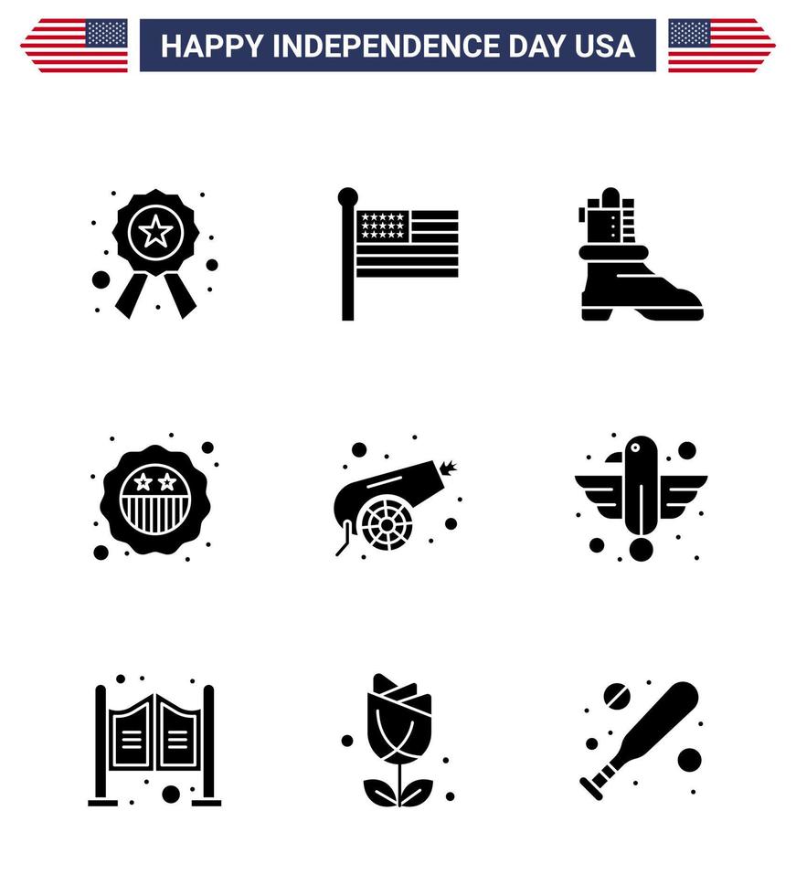 4th July USA Happy Independence Day Icon Symbols Group of 9 Modern Solid Glyphs of war army shose flag security Editable USA Day Vector Design Elements