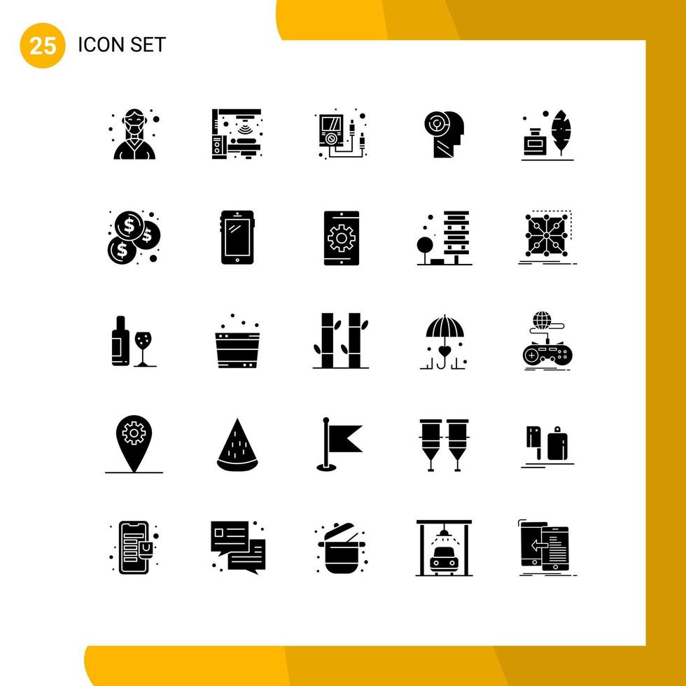 Pack of 25 creative Solid Glyphs of adobe mind scanner games multi meter Editable Vector Design Elements