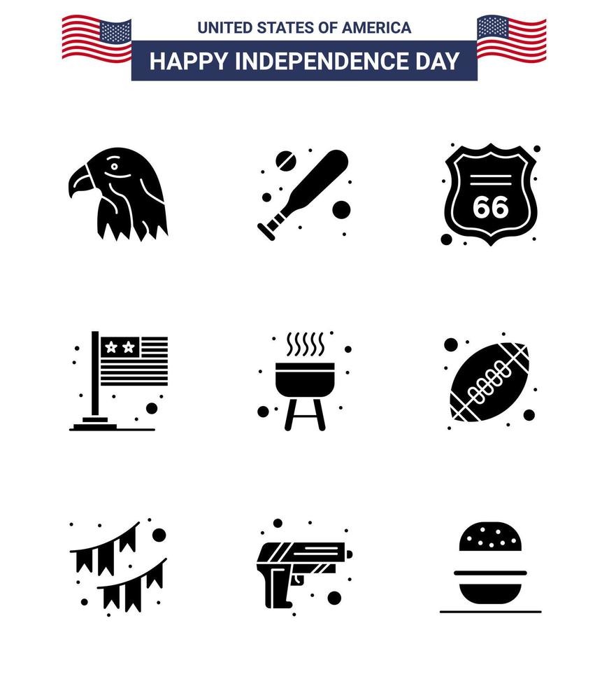 Happy Independence Day Pack of 9 Solid Glyphs Signs and Symbols for cook barbecue shield usa flag Editable USA Day Vector Design Elements