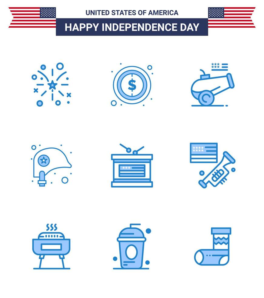 4th July USA Happy Independence Day Icon Symbols Group of 9 Modern Blues of holiday star big gun protection head Editable USA Day Vector Design Elements