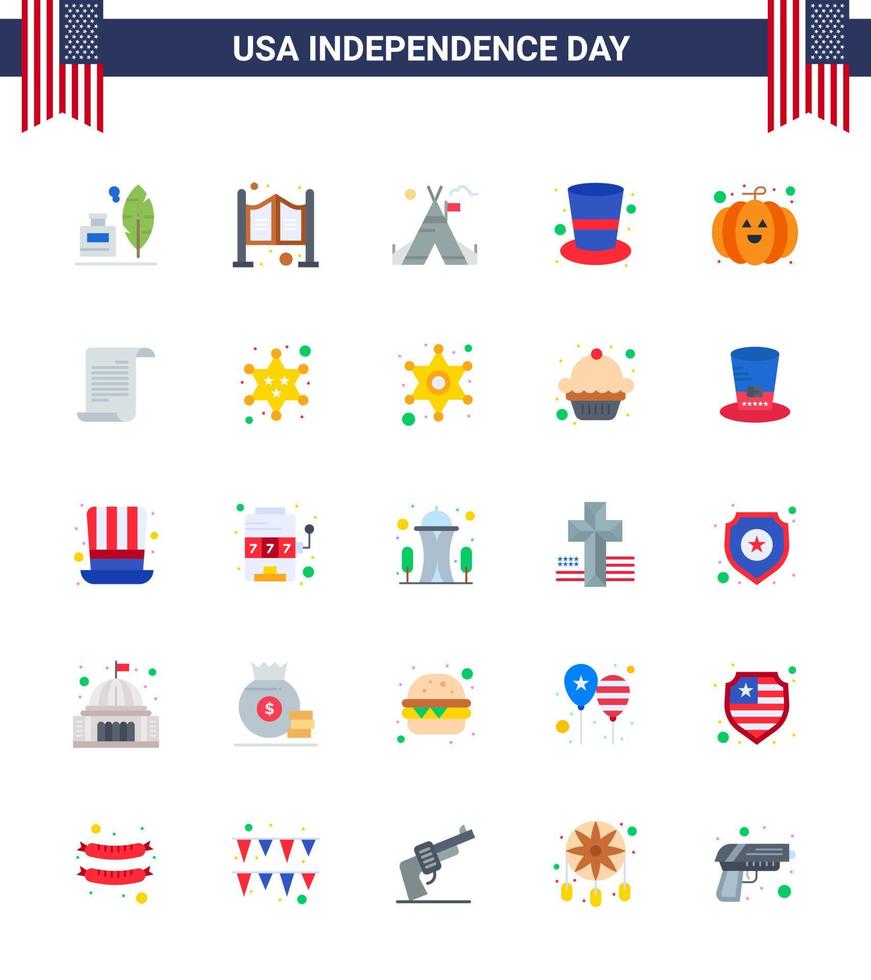 25 iconos creativos de estados unidos, signos de independencia modernos y símbolos del 4 de julio de sombrero mágico de calabaza, tienda de campaña, sombrero libre, elementos de diseño de vector de día de estados unidos editables estadounidenses