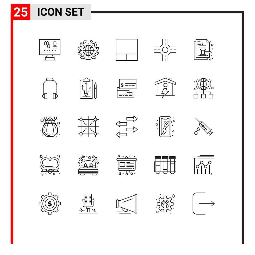 Stock Vector Icon Pack of 25 Line Signs and Symbols for earphone legal grid law auction paper Editable Vector Design Elements