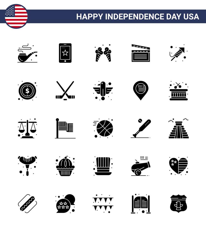 Set of 25 Vector Solid Glyph on 4th July USA Independence Day such as festival fire work ice usa movis Editable USA Day Vector Design Elements