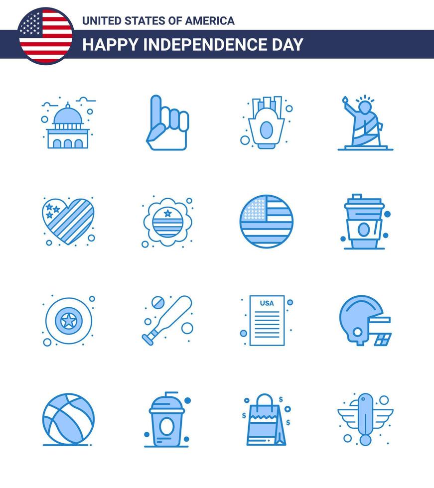 Set of 16 Vector Blues on 4th July USA Independence Day such as usa of american liberty food Editable USA Day Vector Design Elements