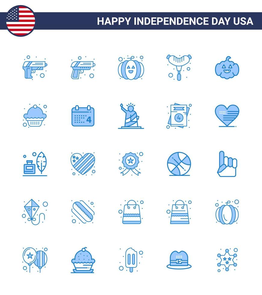 Modern Set of 25 Blues and symbols on USA Independence Day such as day muffin frankfurter dessert usa Editable USA Day Vector Design Elements