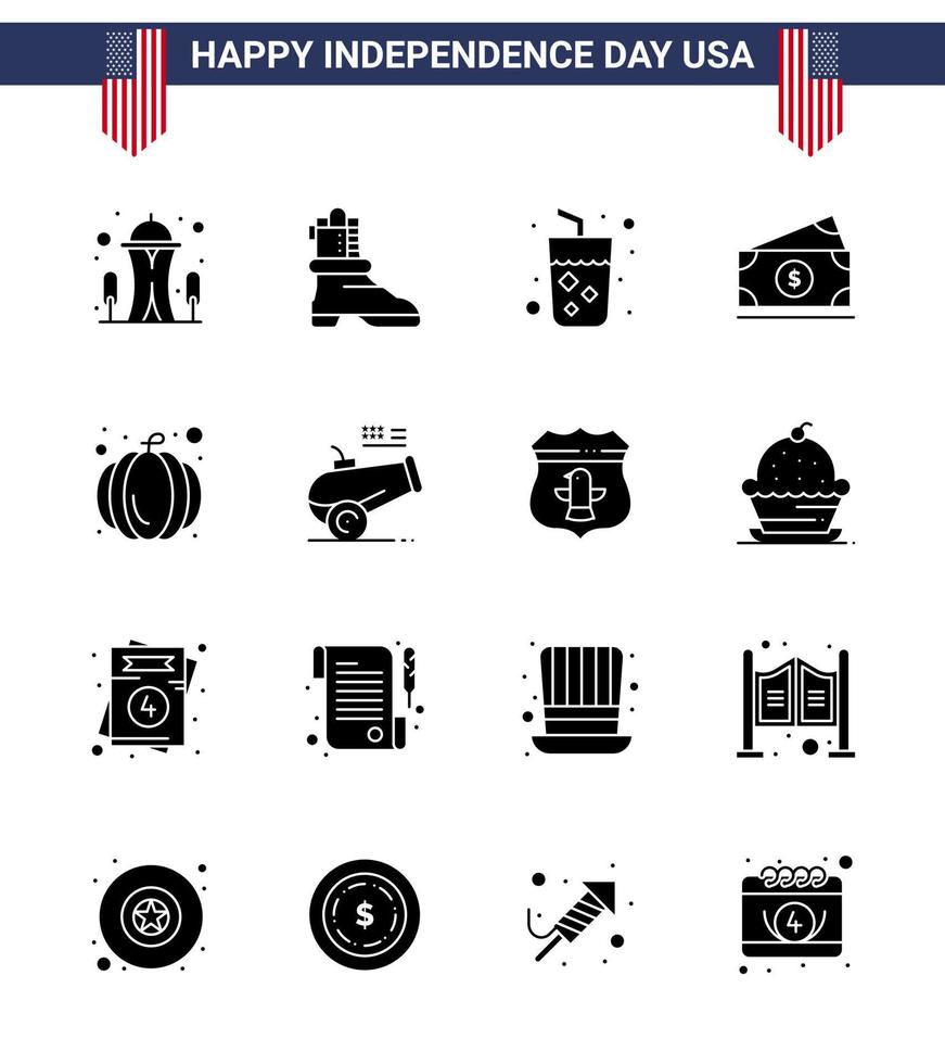 4 de julio estados unidos feliz día de la independencia icono símbolos grupo de 16 glifos sólidos modernos del festival de estados unidos bebida americana dinero de estados unidos editable día de estados unidos elementos de diseño vectorial vector