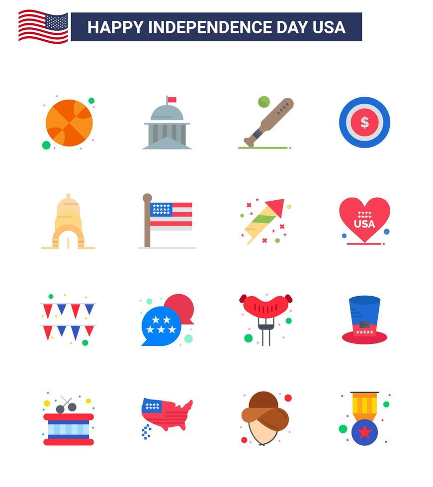 16 USA Flat Pack of Independence Day Signs and Symbols of chrysler dollar irish american sports Editable USA Day Vector Design Elements