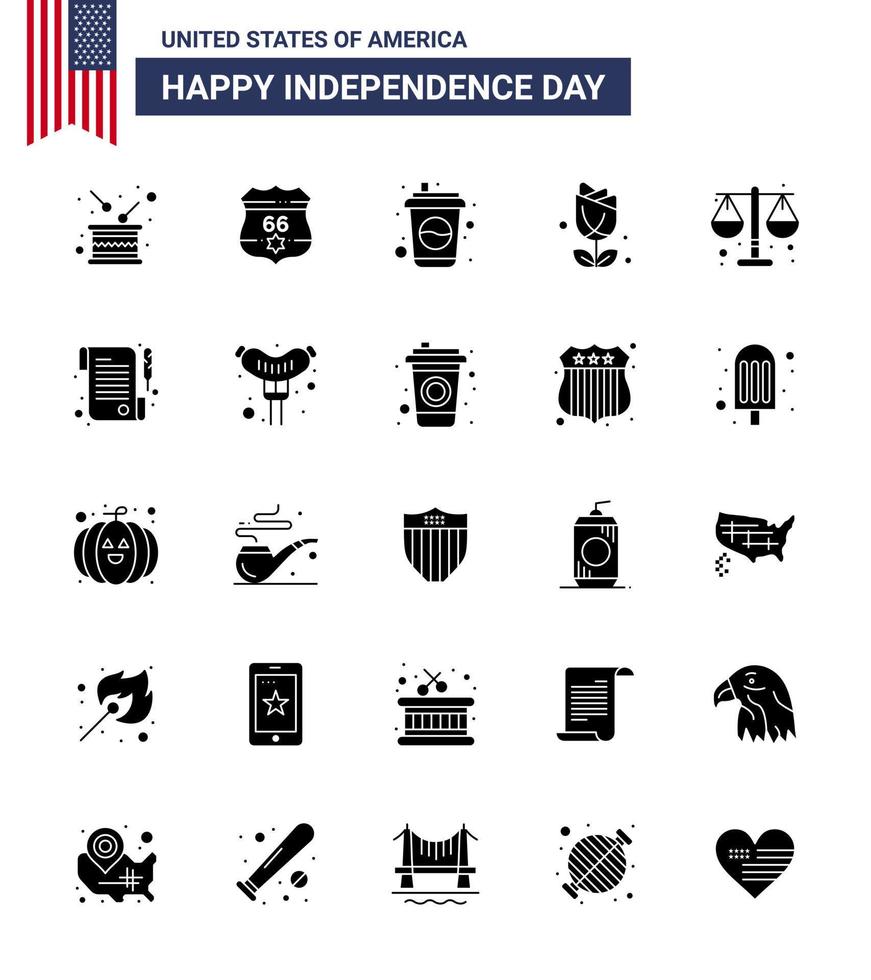 Happy Independence Day USA Pack of 25 Creative Solid Glyph of court usa security imerican soda Editable USA Day Vector Design Elements