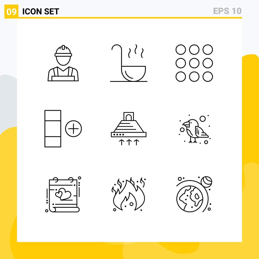 Set of 9 Commercial Outlines pack for smoke kitchen design cooking table Editable Vector Design Elements