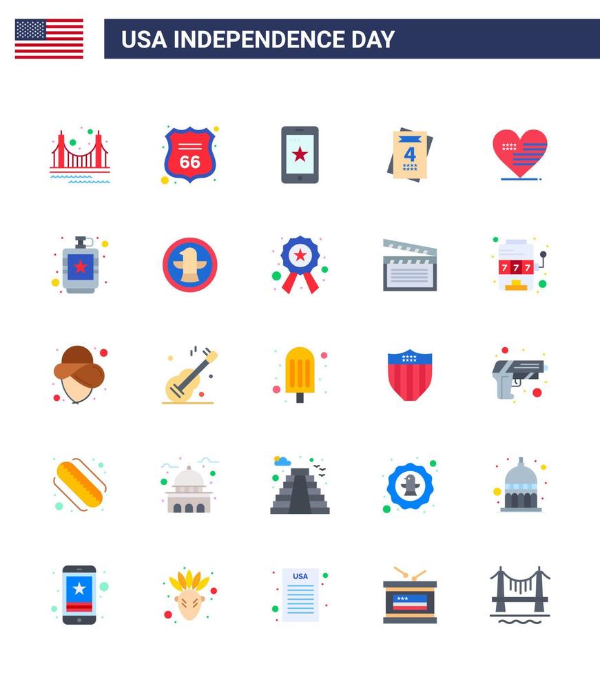 feliz día de la independencia paquete de iconos de 25 pisos para web e impresión amor boda amor americano irlanda elementos de diseño de vector de día de estados unidos editables