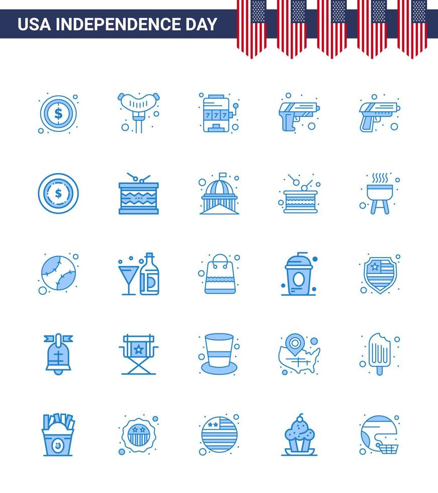 Stock Vector Icon Pack of American Day 25 Blue Signs and Symbols for maony american machine weapon security Editable USA Day Vector Design Elements