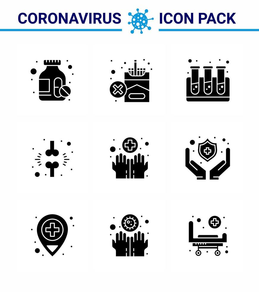 iconos de conciencia de coronavirus 9 icono negro de glifo sólido relacionado con la gripe del virus de la corona, como la prueba de manos médicas fracción del paciente coronavirus viral 2019nov elementos de diseño del vector de enfermedad