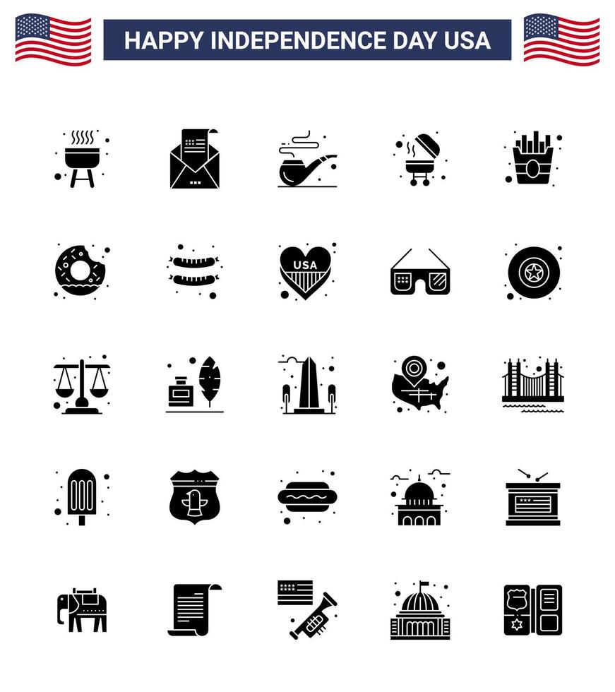 Happy Independence Day Pack of 25 Solid Glyph Signs and Symbols for donut food pipe fast bbq Editable USA Day Vector Design Elements