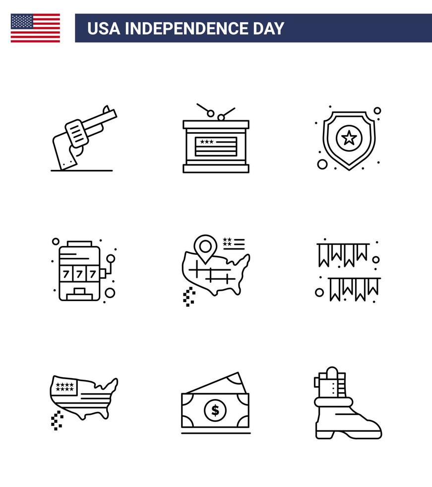 9 Line Signs for USA Independence Day map game shield slot casino Editable USA Day Vector Design Elements