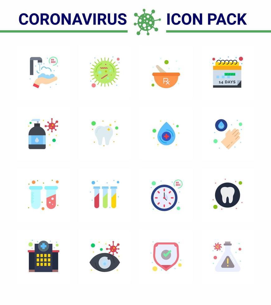 Covid19 icon set for infographic 16 Flat Color pack such as hand wash quarantine virus event preparing viral coronavirus 2019nov disease Vector Design Elements