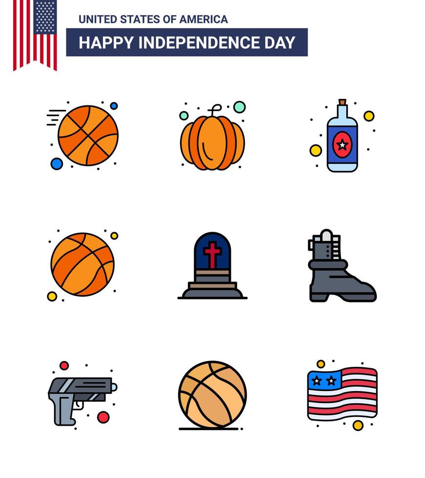 Happy Independence Day USA Pack of 9 Creative Flat Filled Lines of shose gravestone wine grave usa Editable USA Day Vector Design Elements