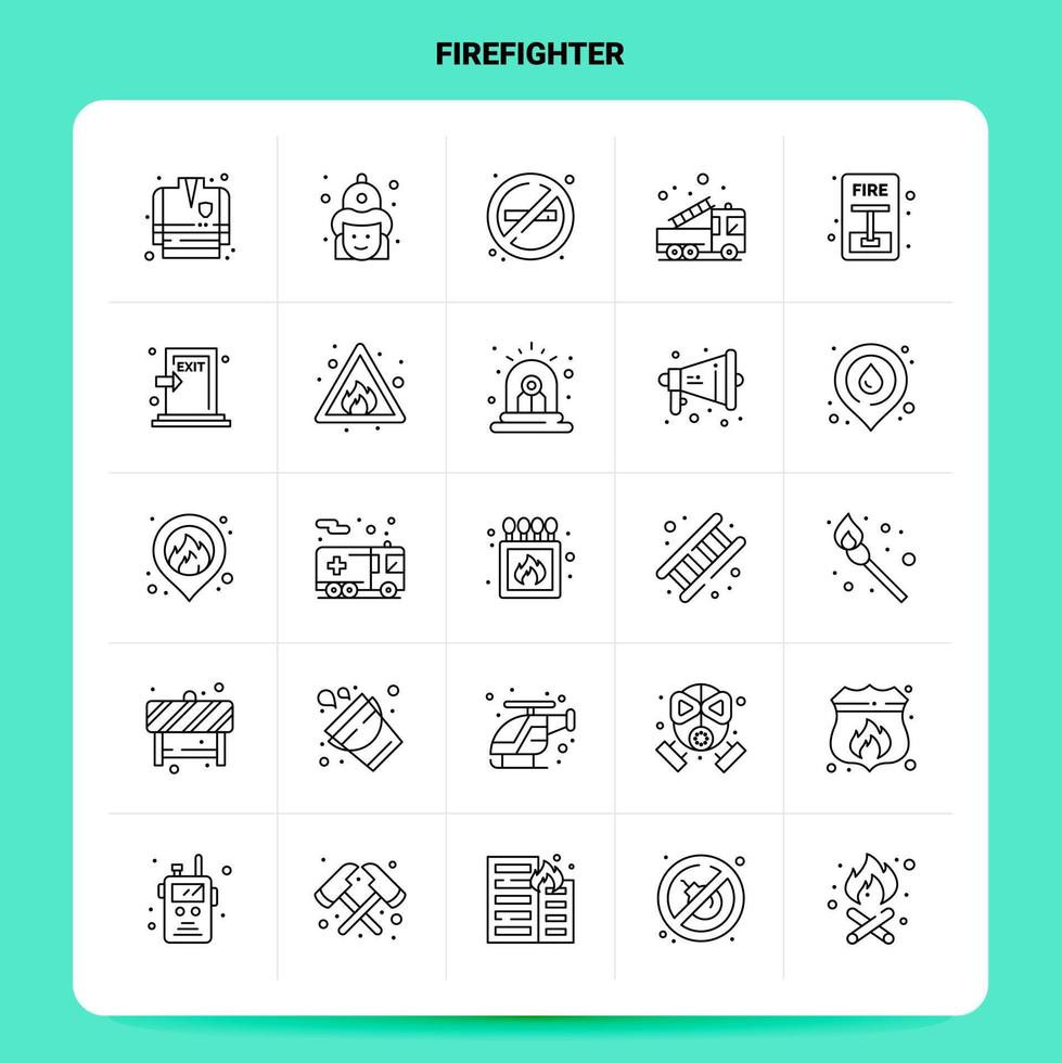 OutLine 25 Firefighter Icon set Vector Line Style Design Black Icons Set Linear pictogram pack Web and Mobile Business ideas design Vector Illustration