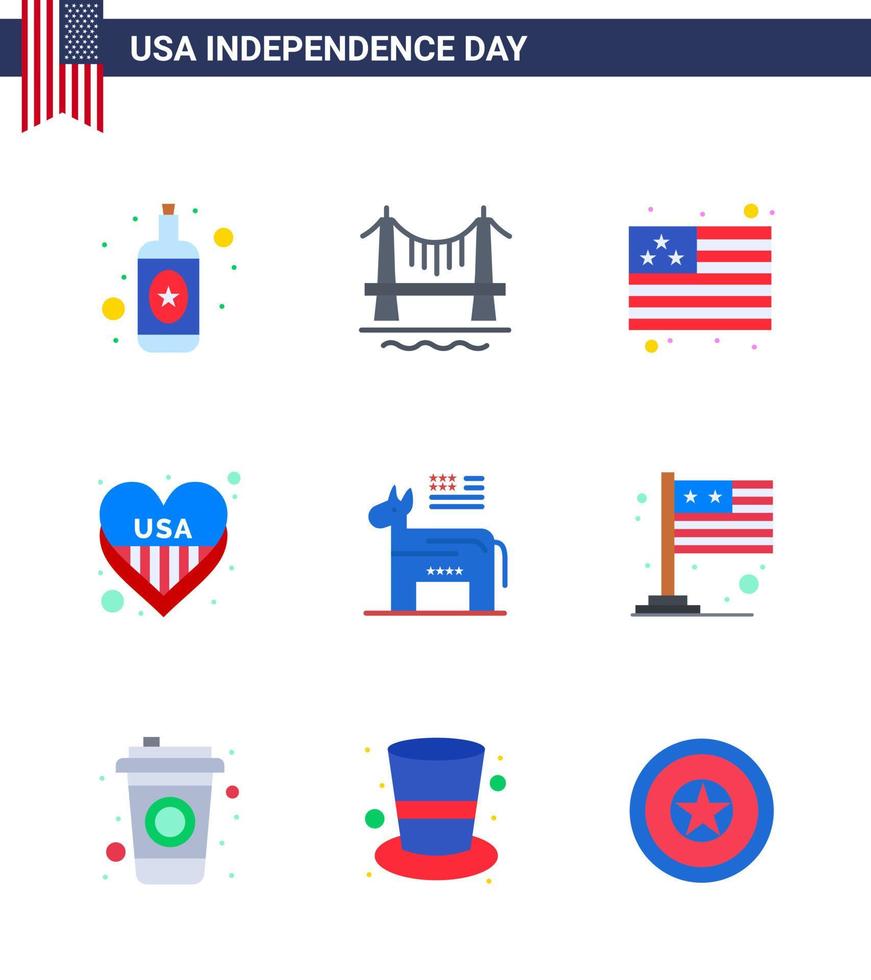 Set of 9 USA Day Icons American Symbols Independence Day Signs for symbol american flag donkey love Editable USA Day Vector Design Elements