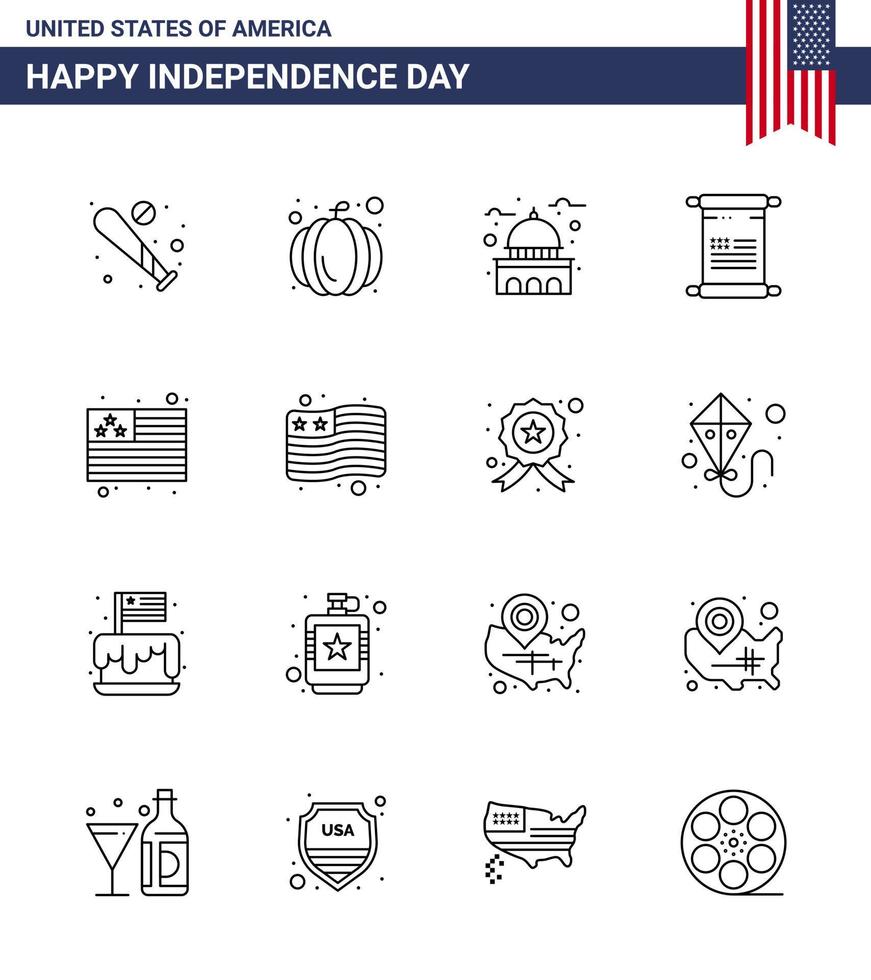 4th July USA Happy Independence Day Icon Symbols Group of 16 Modern Lines of country american building text white Editable USA Day Vector Design Elements