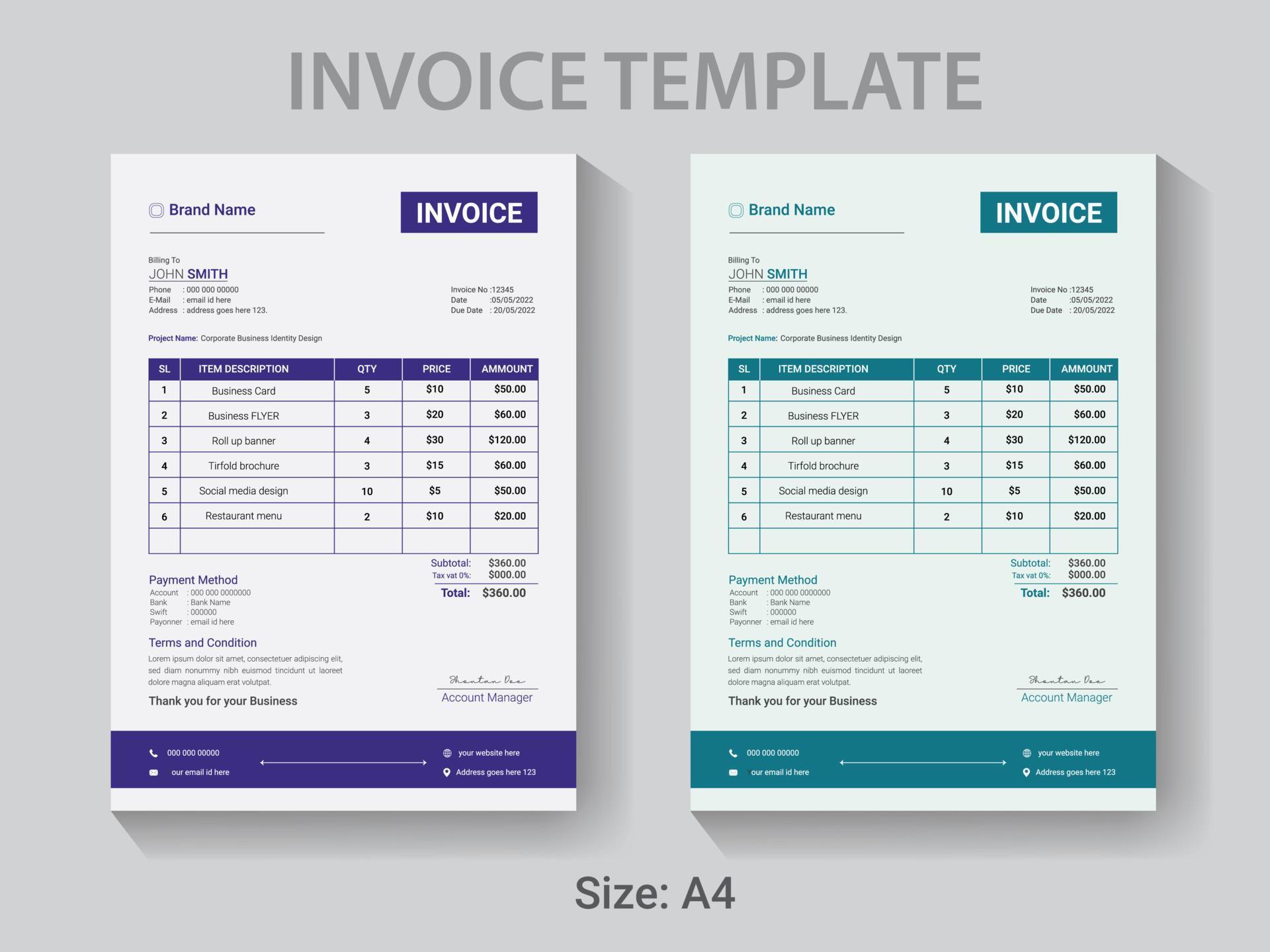 A4 size Professional Invoice design template, Modern vector payment