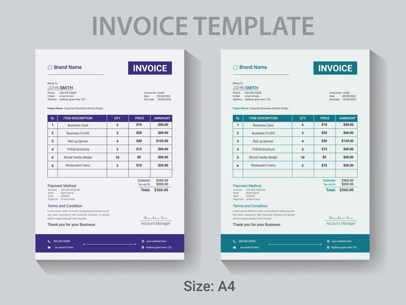 A4 size Professional Invoice design template,  Modern  vector payment receipt layout.