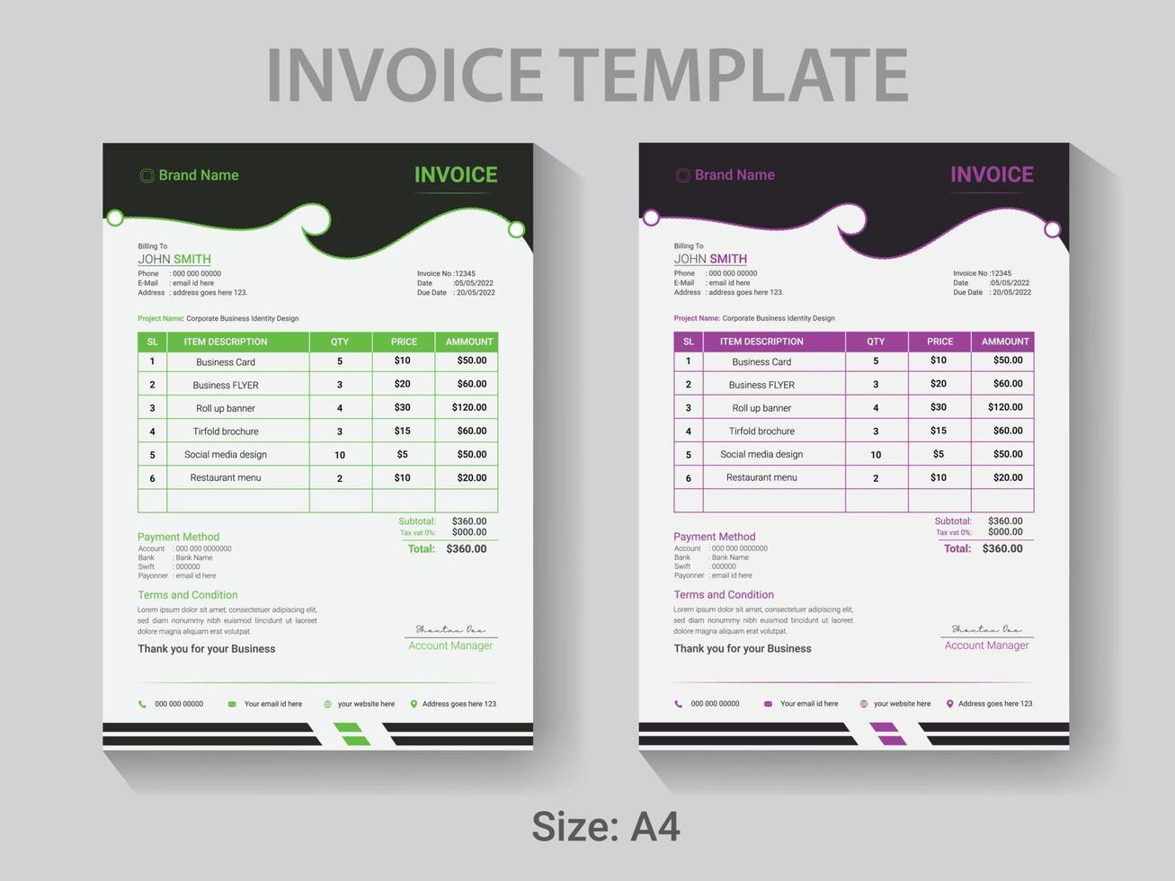 A4 size Professional Invoice design template,  Modern  vector payment receipt layout.