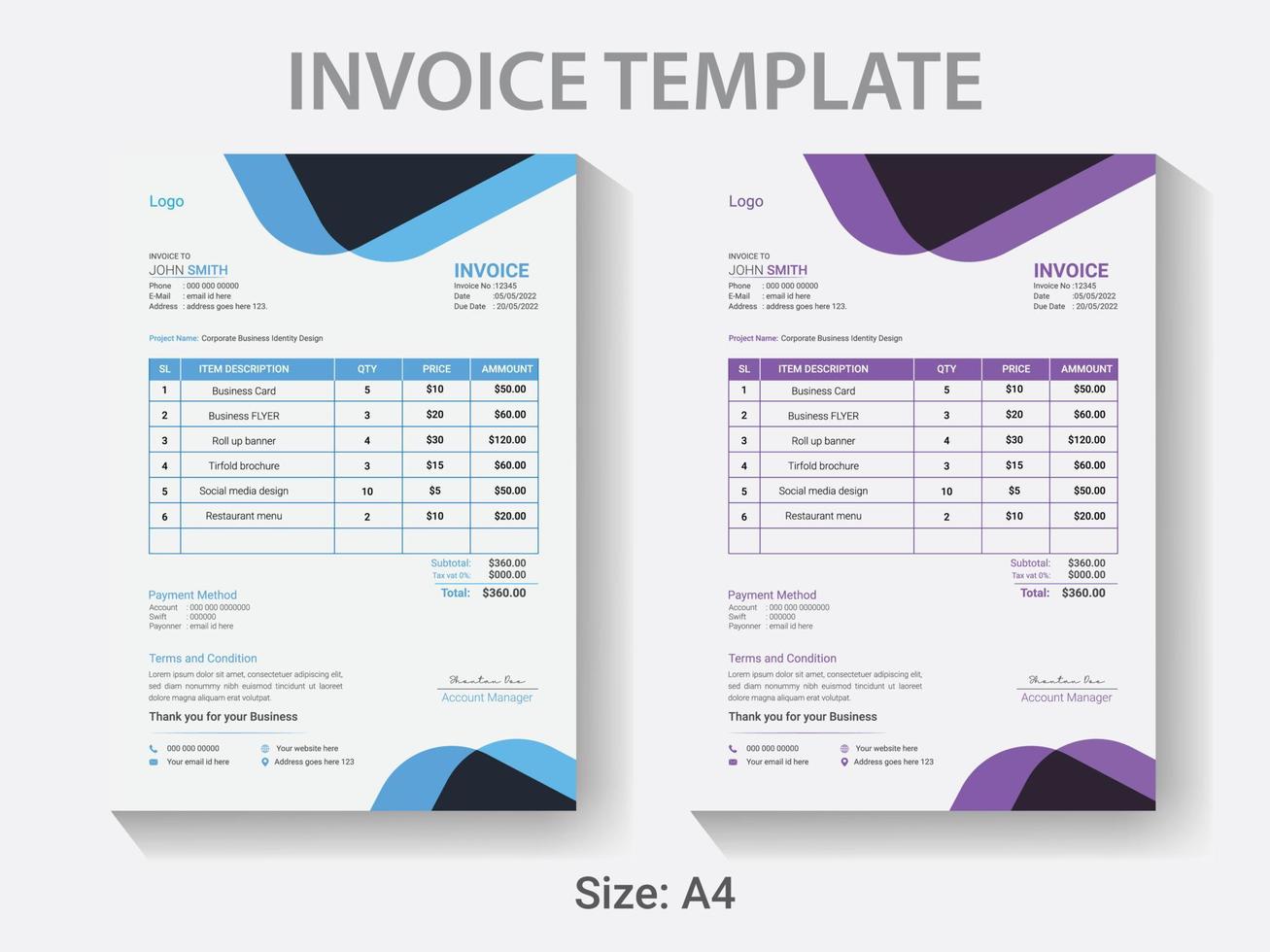 A4 size Professional Invoice design template, Modern vector payment ...