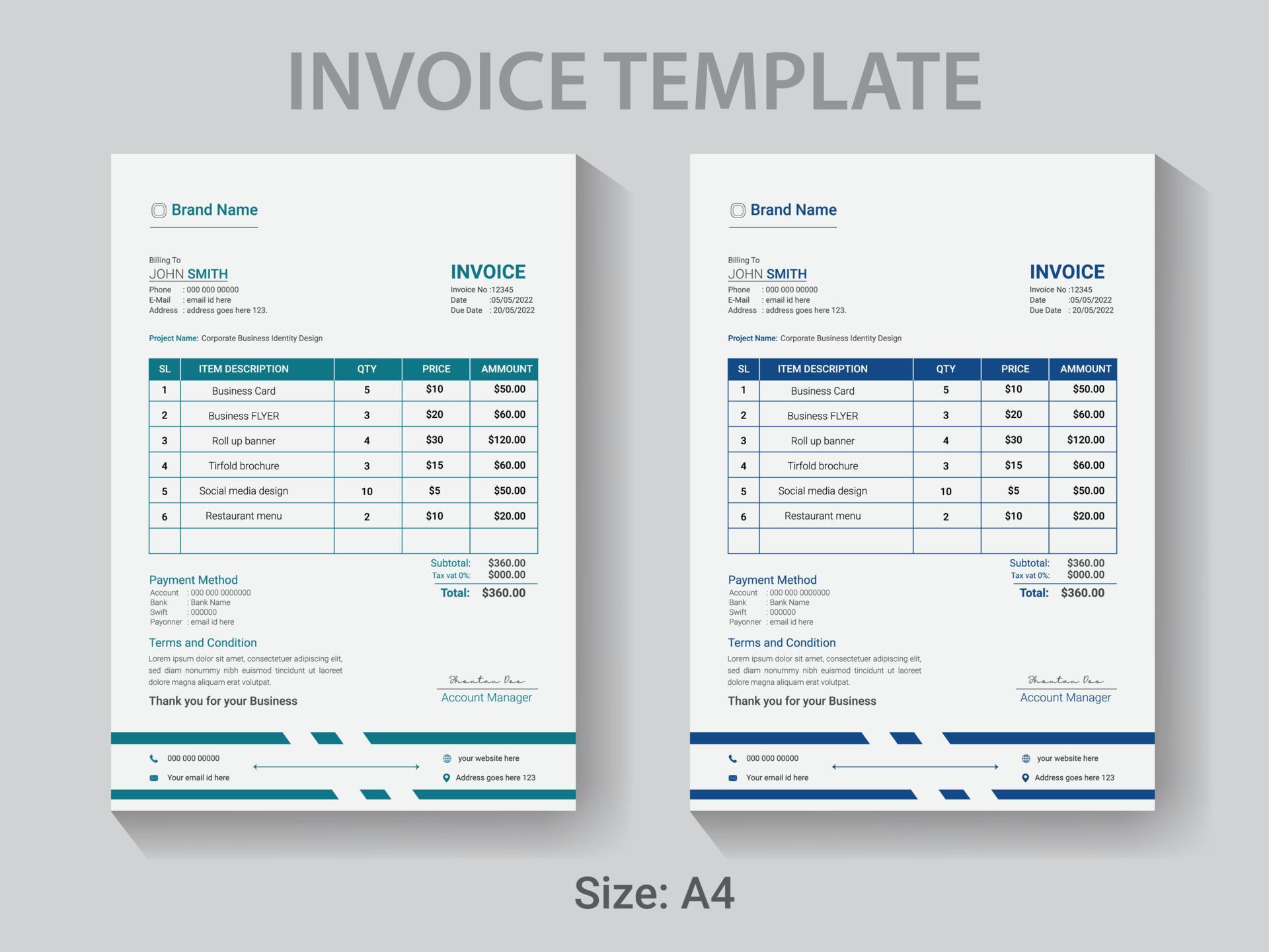 A4 size Professional Invoice design template, Modern vector payment ...