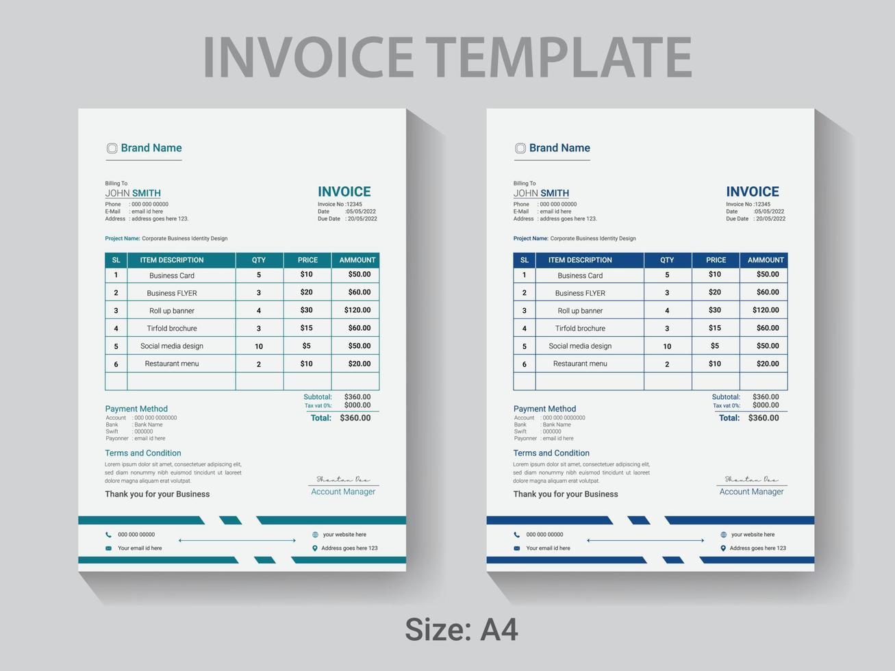 plantilla de diseño de factura profesional de tamaño a4, diseño moderno de recibo de pago vectorial. vector