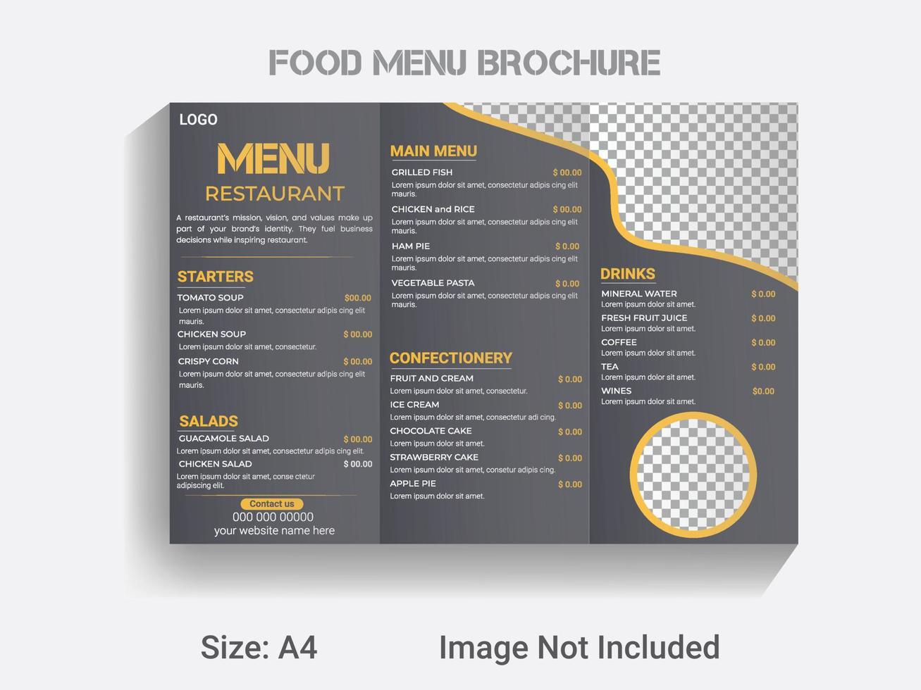 Folleto tríptico de tamaño a4 plantilla de menú de comida de año nuevo. Diseño de menú de restaurante vectorial moderno. vector