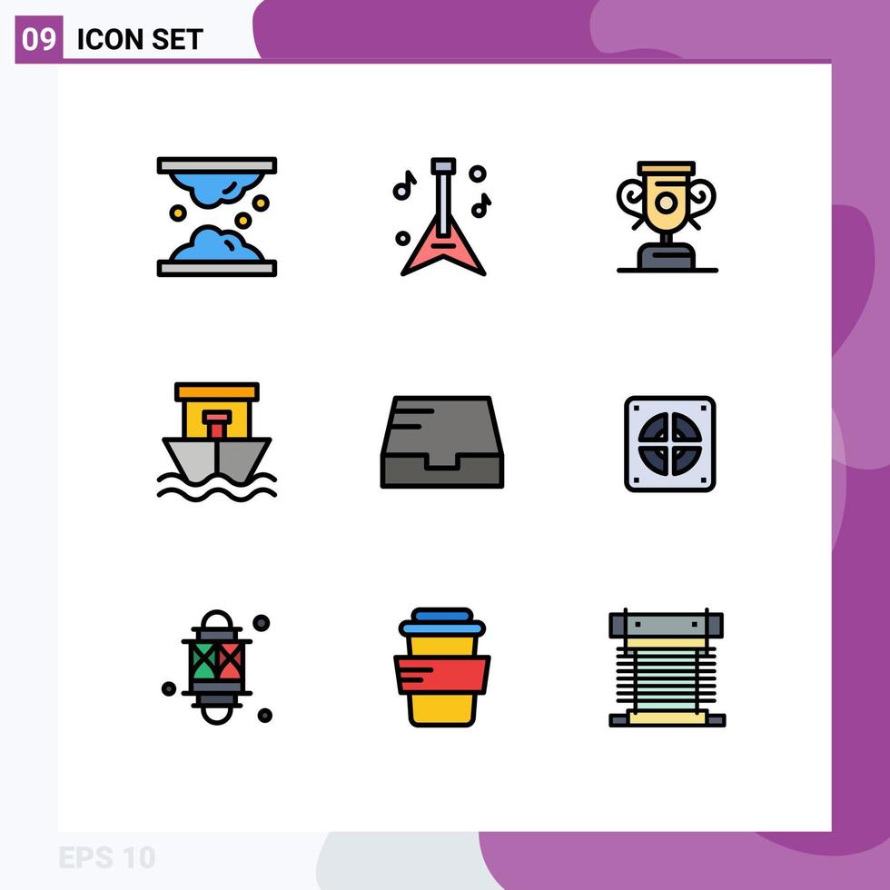 Modern Set of 9 Filledline Flat Colors Pictograph of mail summer music boat ship Editable Vector Design Elements