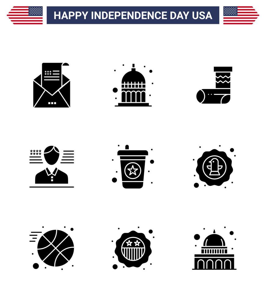 Pack of 9 USA Independence Day Celebration Solid Glyphs Signs and 4th July Symbols such as drink flag usa american gift Editable USA Day Vector Design Elements