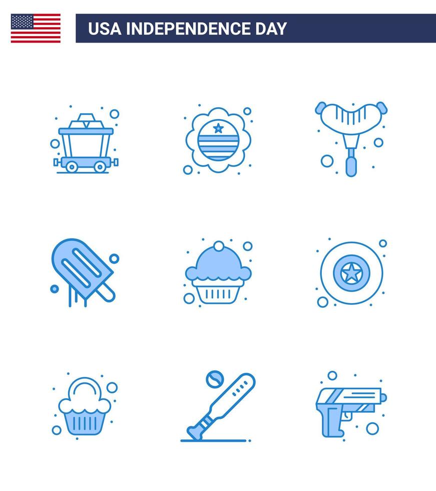 Big Pack of 9 USA Happy Independence Day USA Vector Blues and Editable Symbols of badge dessert frankfurter cake american Editable USA Day Vector Design Elements