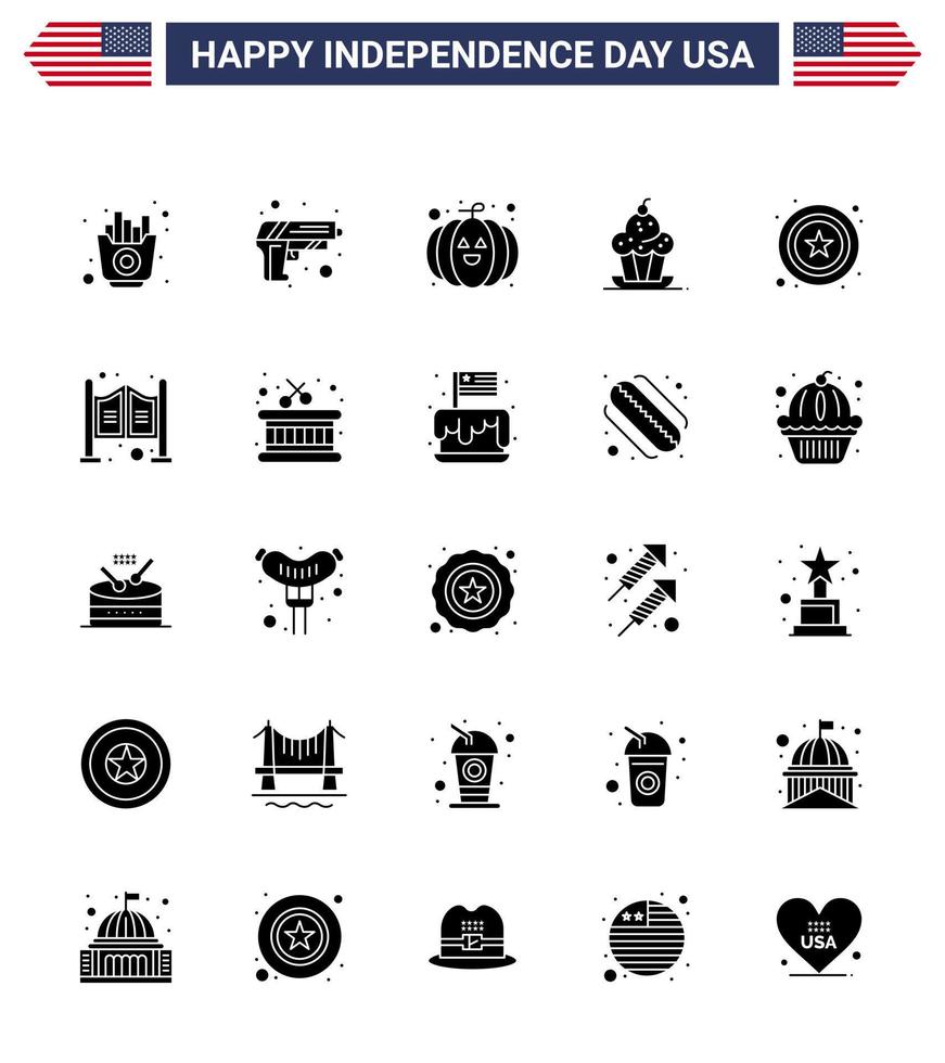 paquete de iconos de vectores de stock del día americano 25 signos y símbolos de glifos sólidos para comida de acción de gracias estrella postre dulce elementos de diseño de vectores del día de estados unidos editables