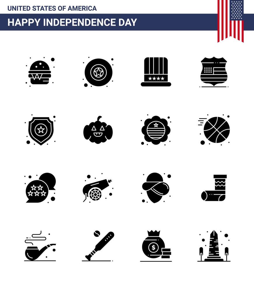 16 USA Solid Glyph Signs Independence Day Celebration Symbols of star shield cap security sign Editable USA Day Vector Design Elements