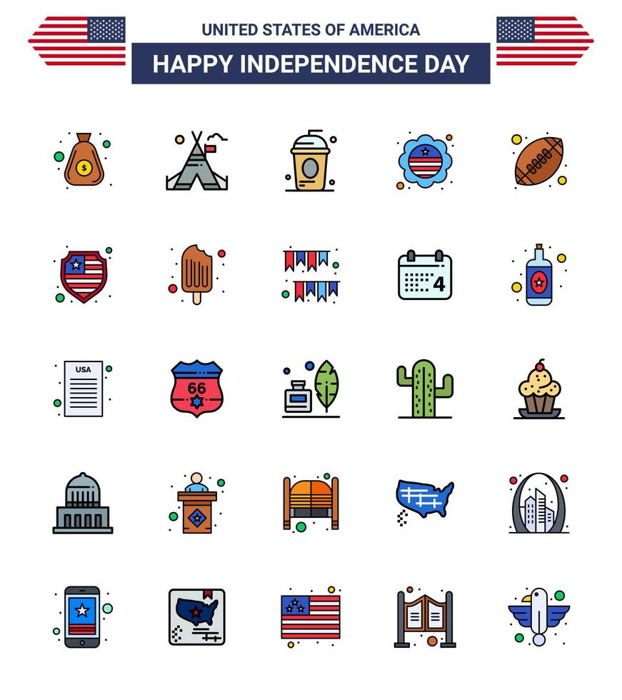 25 paquete de líneas planas llenas de estados unidos de signos y símbolos del día de la independencia de la pelota bandera internacional torta bandera elementos de diseño vectorial editables del día de estados unidos independientes vector