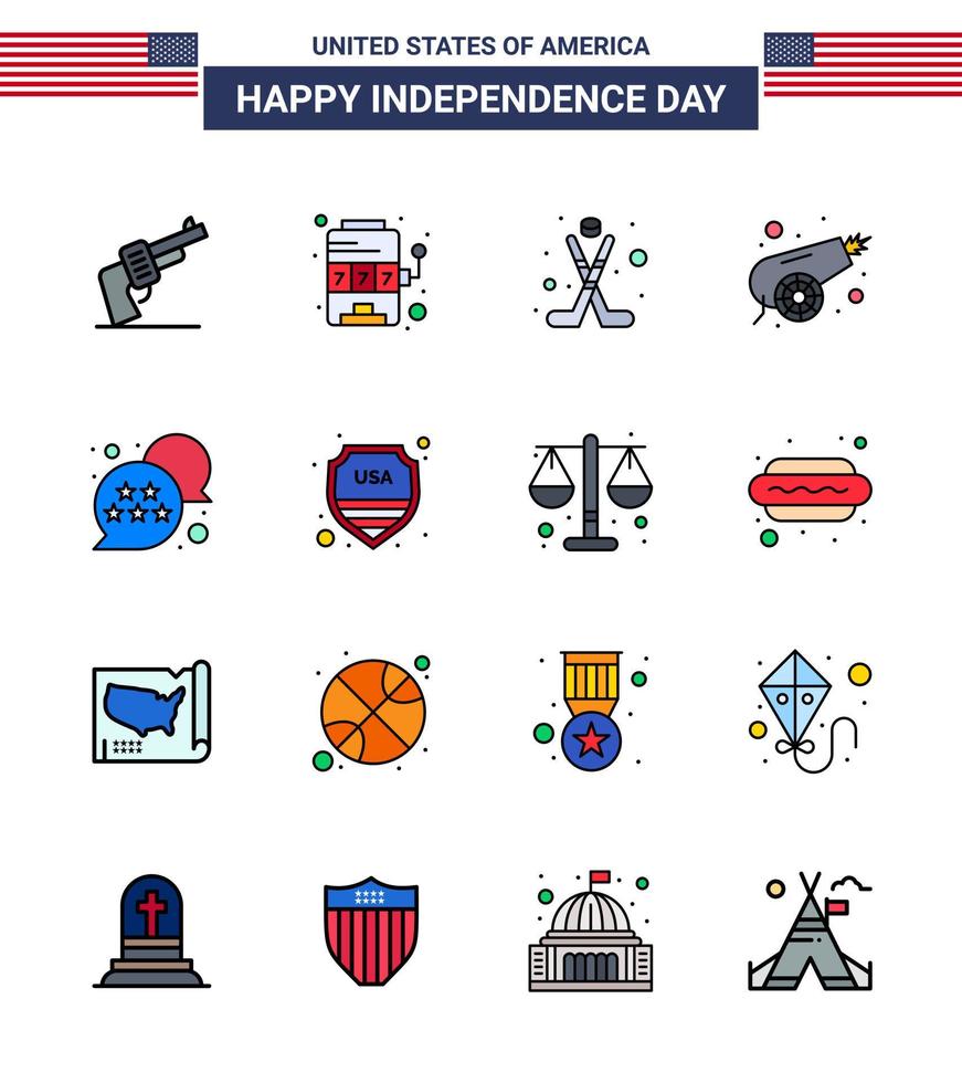 Big Pack of 16 USA Happy Independence Day USA Vector Flat Filled Lines and Editable Symbols of usa weapon american war army Editable USA Day Vector Design Elements