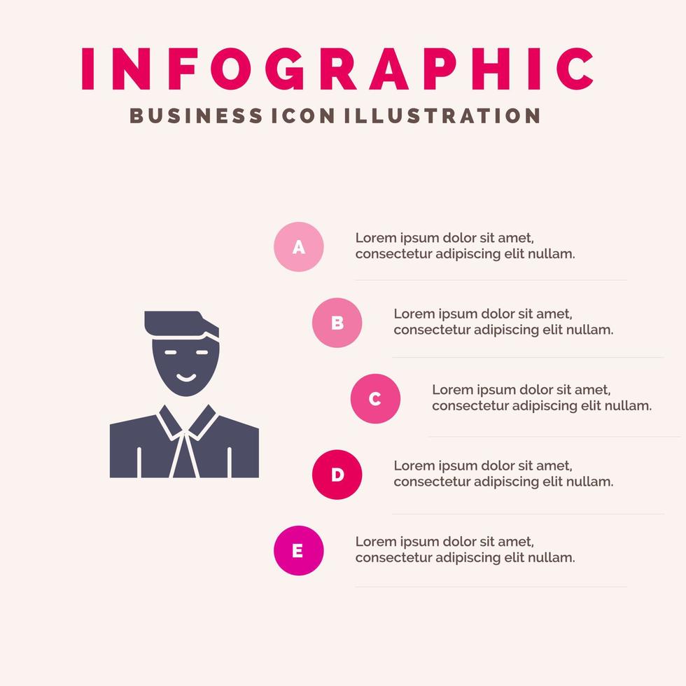 hombre usuario estudiante profesor avatar sólido icono infografía 5 pasos presentación antecedentes vector