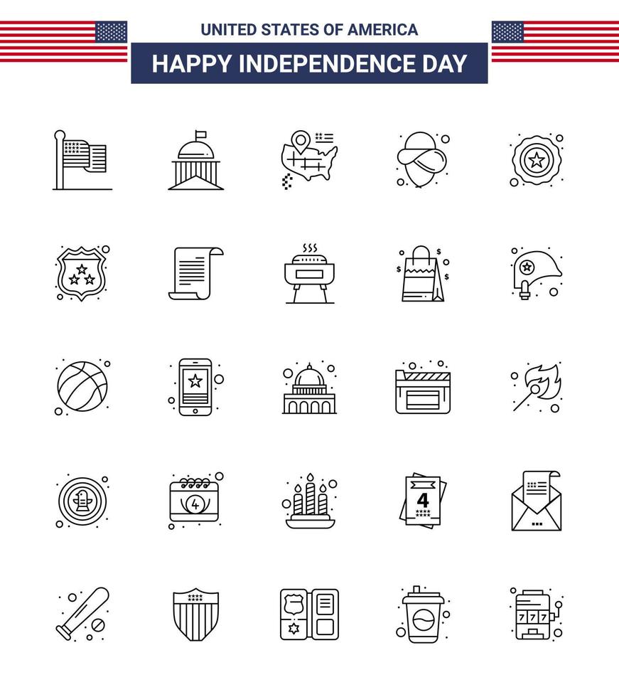 Happy Independence Day 25 Lines Icon Pack for Web and Print usa police irish hat usa Editable USA Day Vector Design Elements