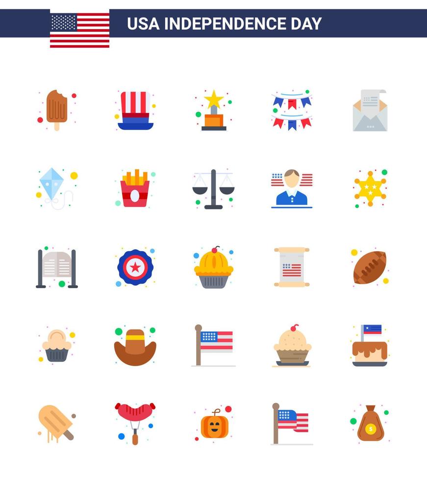 Pack of 25 creative USA Independence Day related Flats of envelope garland achievement party buntings Editable USA Day Vector Design Elements