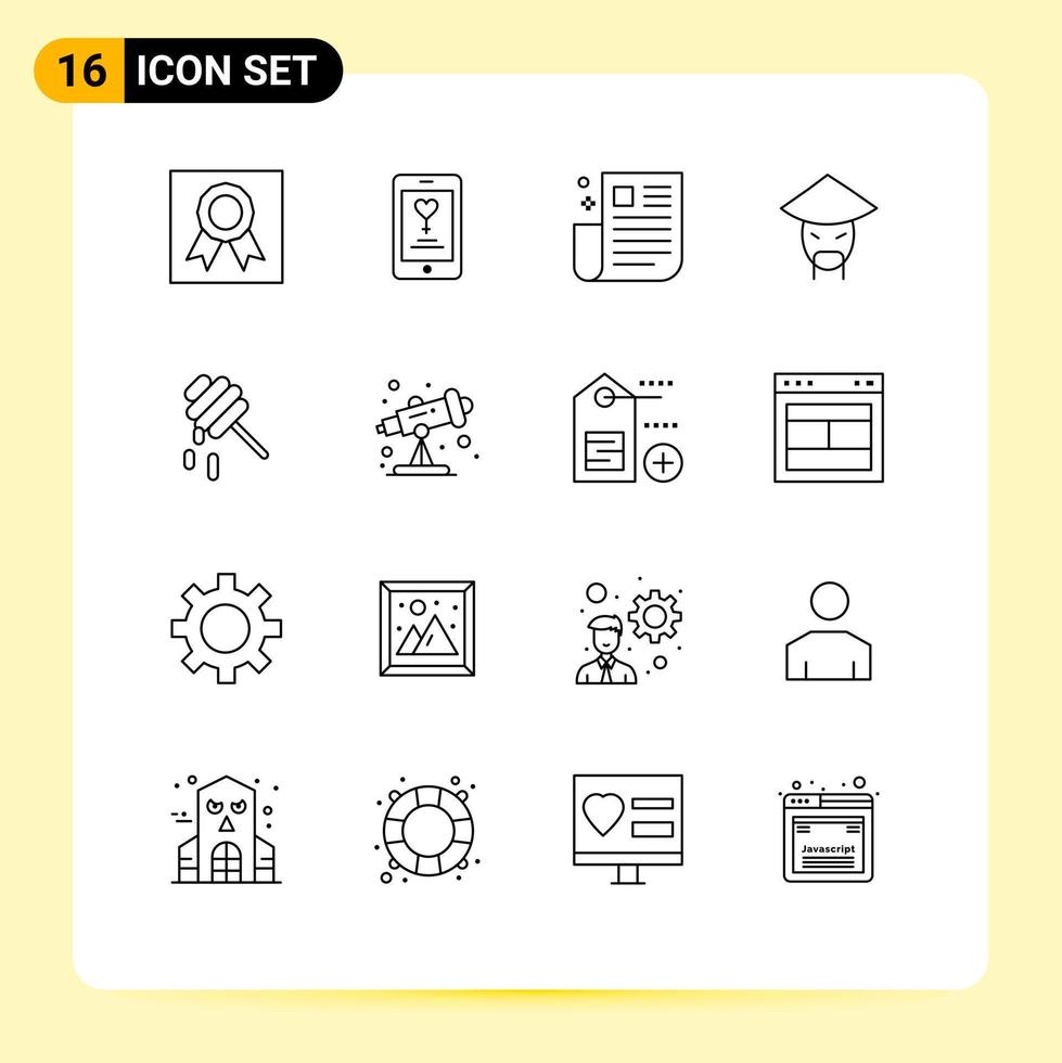 Universal Icon Symbols Group of 16 Modern Outlines of bee monk interface china ui Editable Vector Design Elements