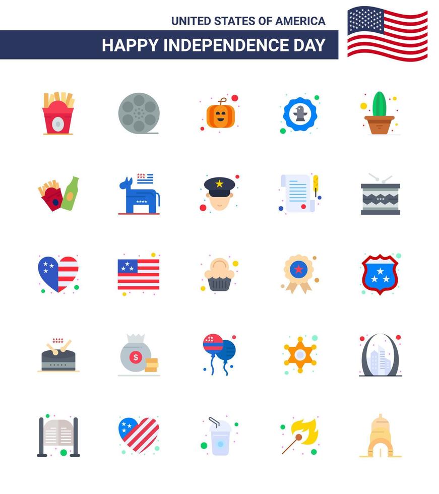 feliz día de la independencia paquete de iconos de 25 pisos para web e impresión de la insignia de la flor pájaro del águila americana elementos de diseño vectorial del día de estados unidos editables vector