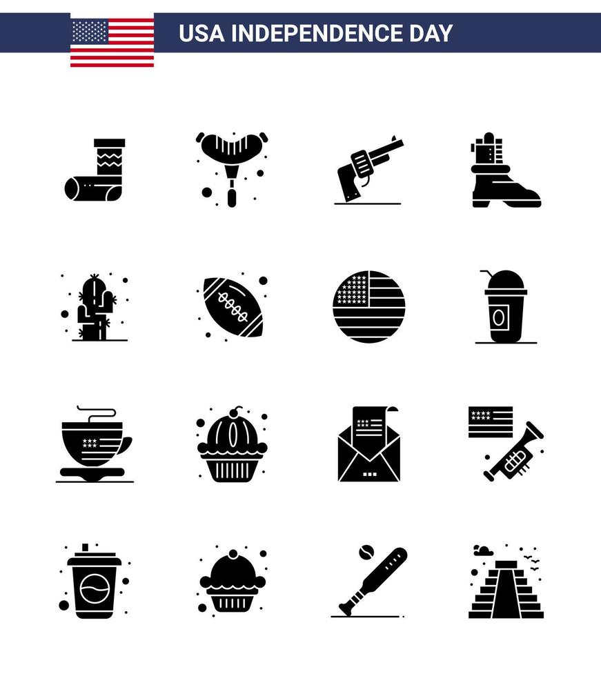 Set of 16 Modern Solid Glyphs pack on USA Independence Day desert flower hand cactus boot Editable USA Day Vector Design Elements