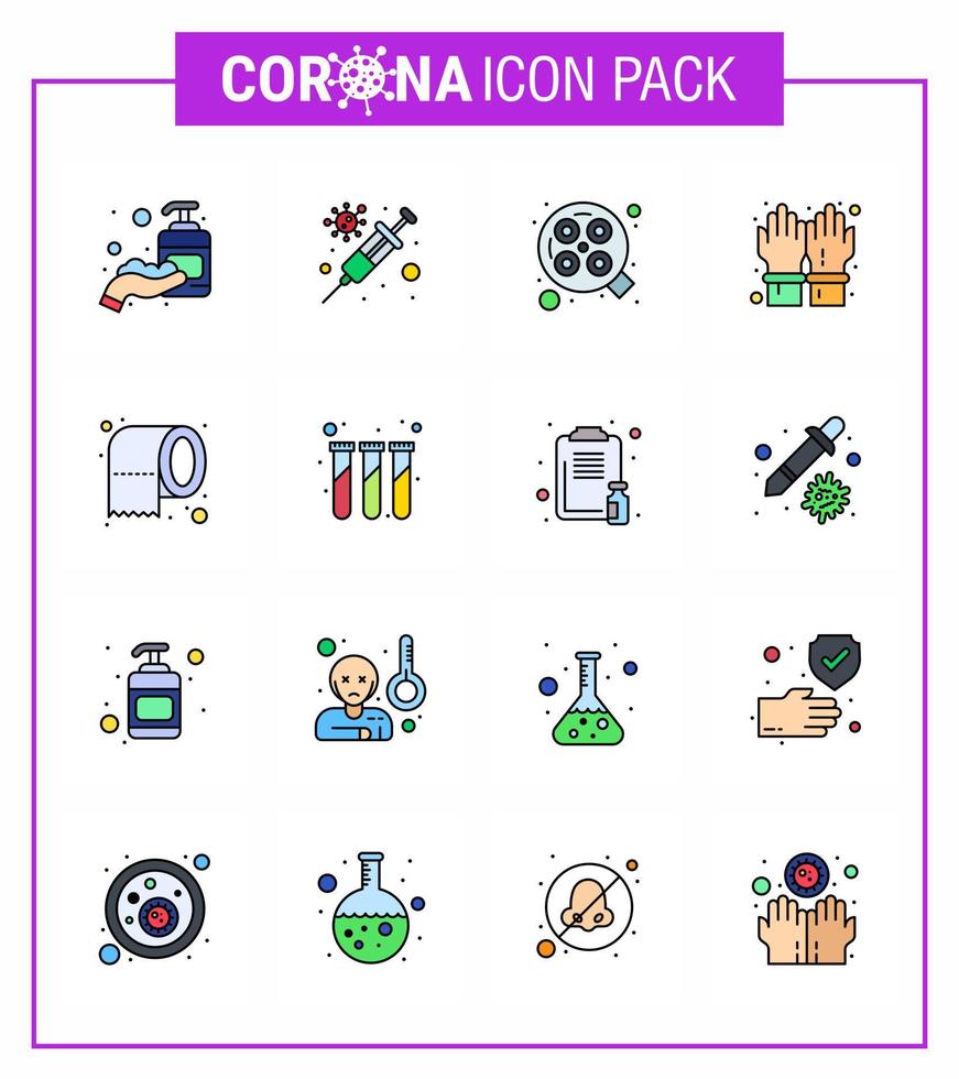 16 Flat Color Filled Line coronavirus epidemic icon pack suck as paper secure light safety gloves viral coronavirus 2019nov disease Vector Design Elements