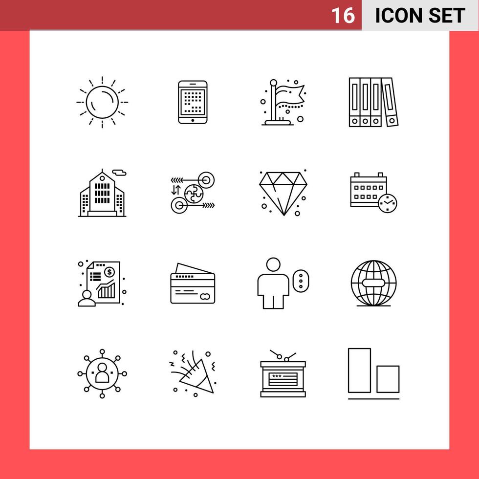 16 Universal Outlines Set for Web and Mobile Applications business folder digital file flag Editable Vector Design Elements