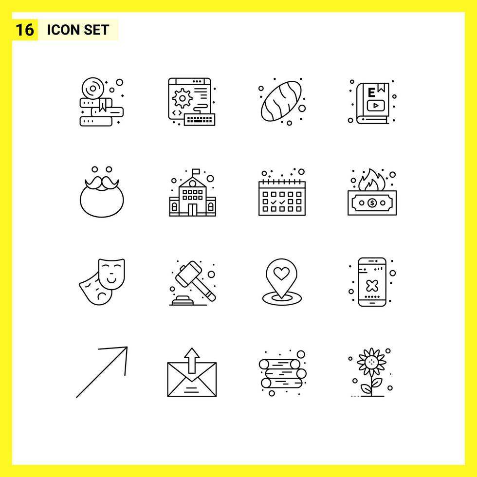 Pack of 16 Modern Outlines Signs and Symbols for Web Print Media such as hipster study baking learning e learning Editable Vector Design Elements