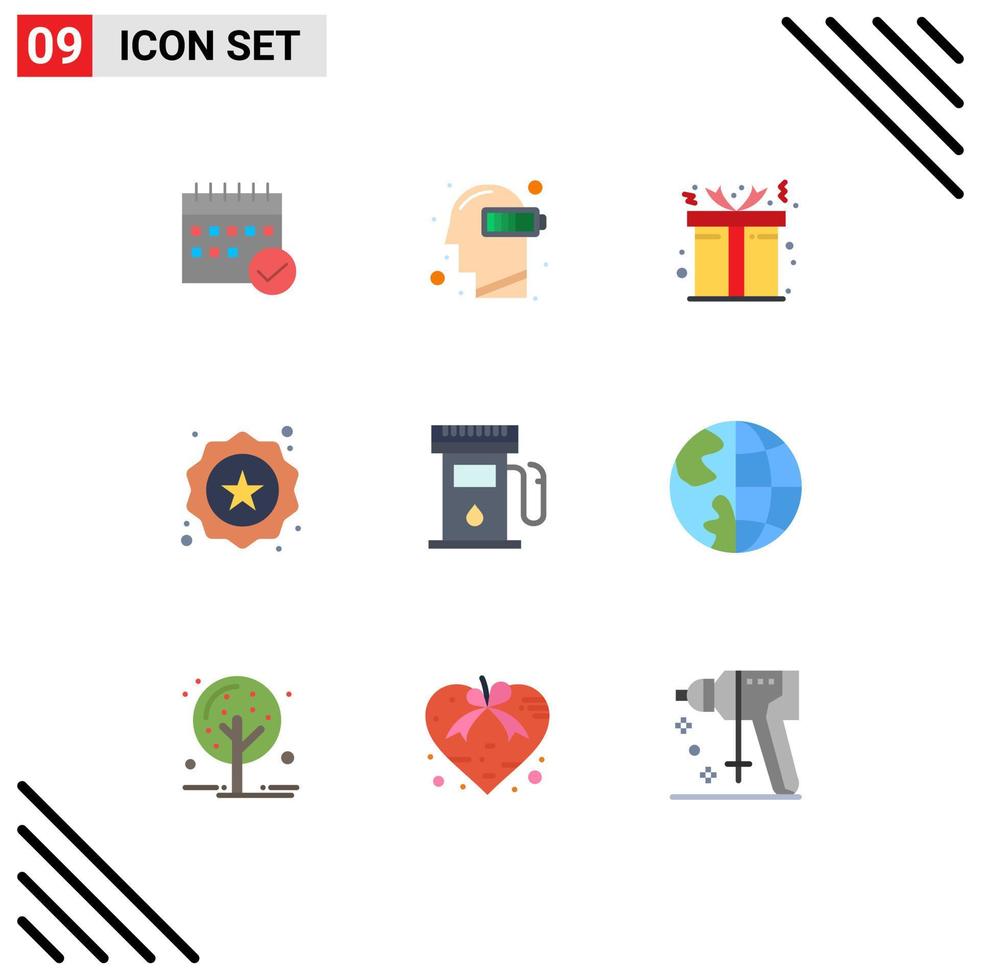 conjunto de pictogramas de 9 colores planos simples de elementos de diseño de vector editables de caja de regalo de agotamiento de insignia de estrella