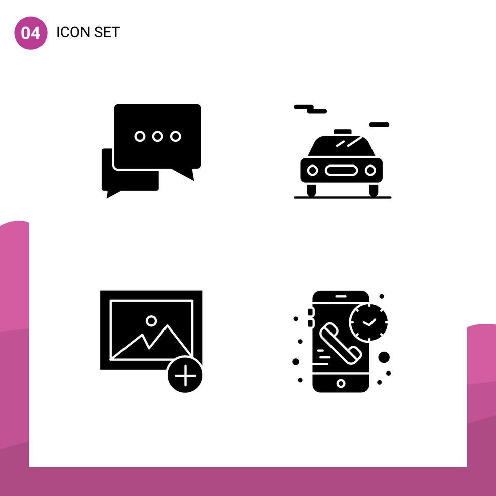 4 Thematic Vector Solid Glyphs and Editable Symbols of chat photo bubble transport duration Editable Vector Design Elements